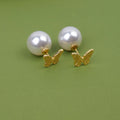 Vintage Butterfly Pearl Stud Earrings - Gold
