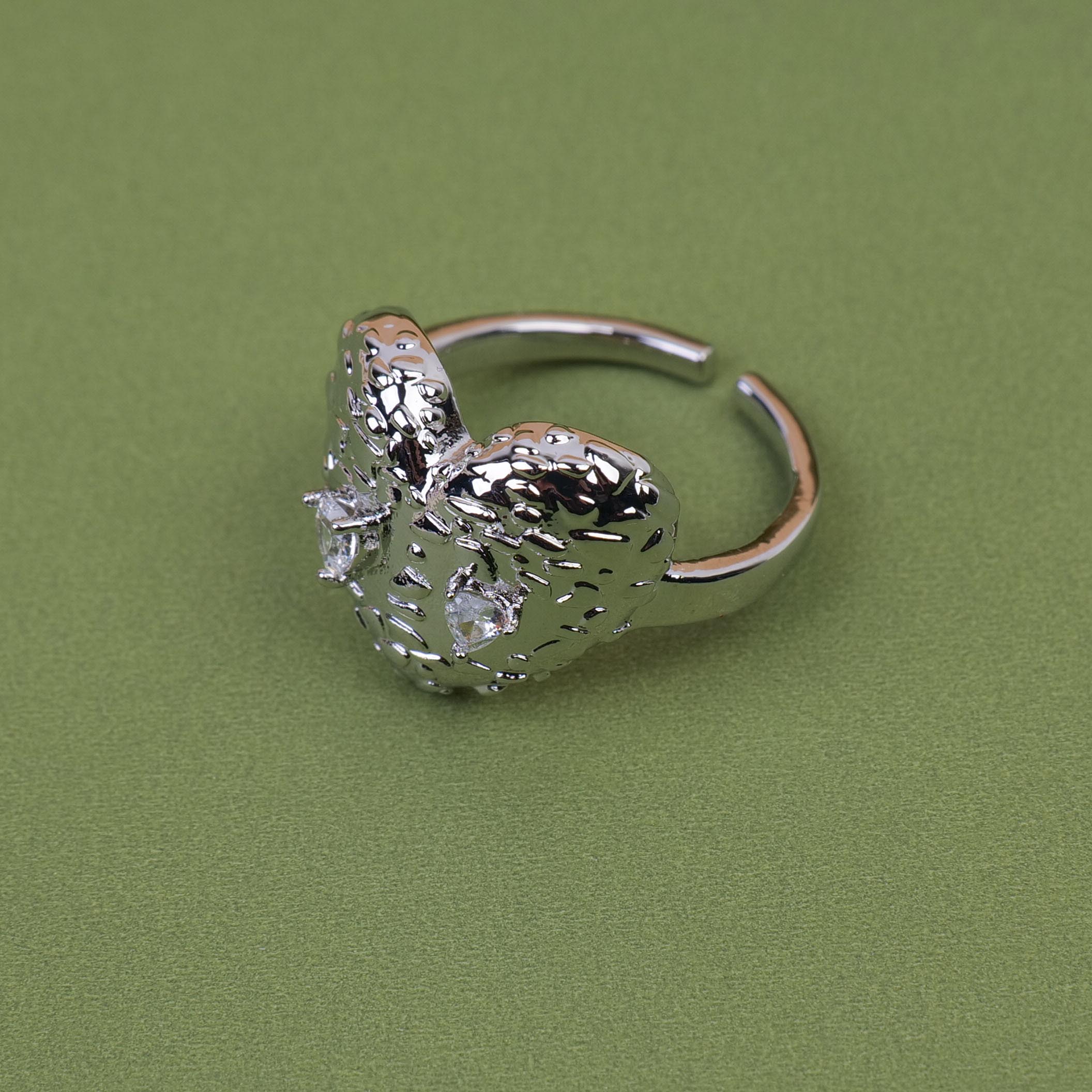 Silver Diamond Heart Open Ring