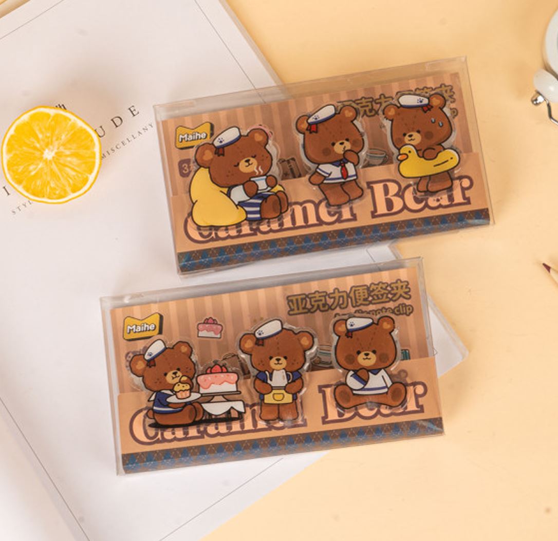 Caramel happy bear acrylic clip 3pcs