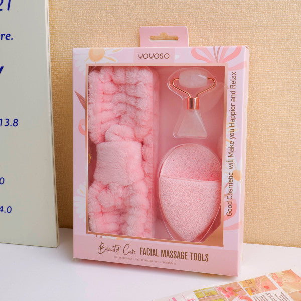 Roller Massager + Face Cleansing Puff + Hairband Set