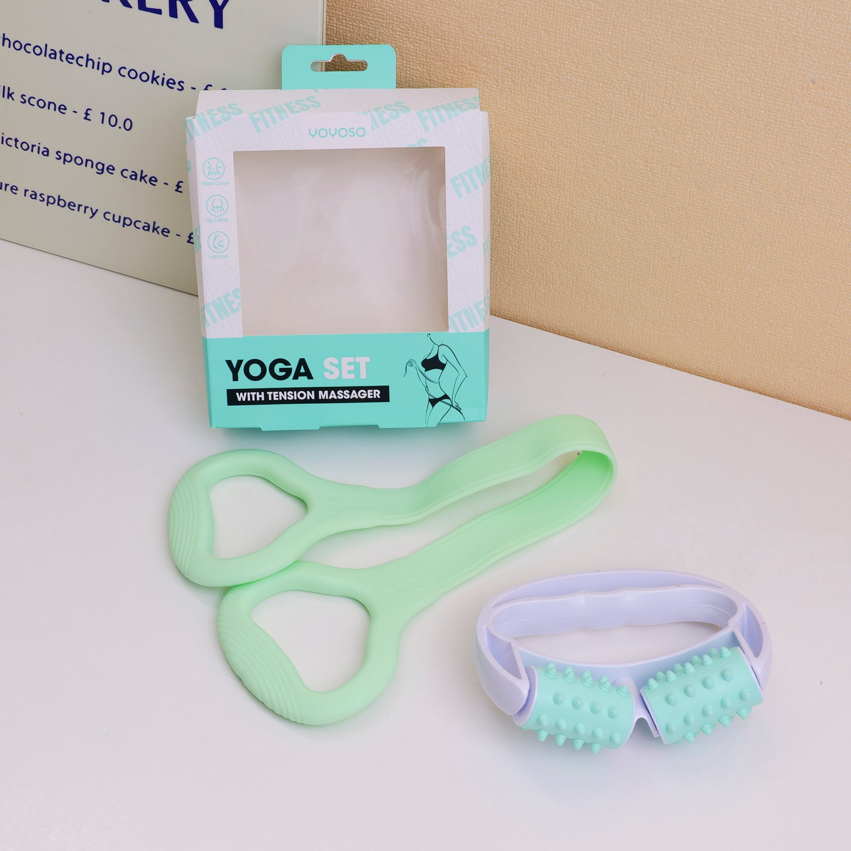 Yoga set with tension massager