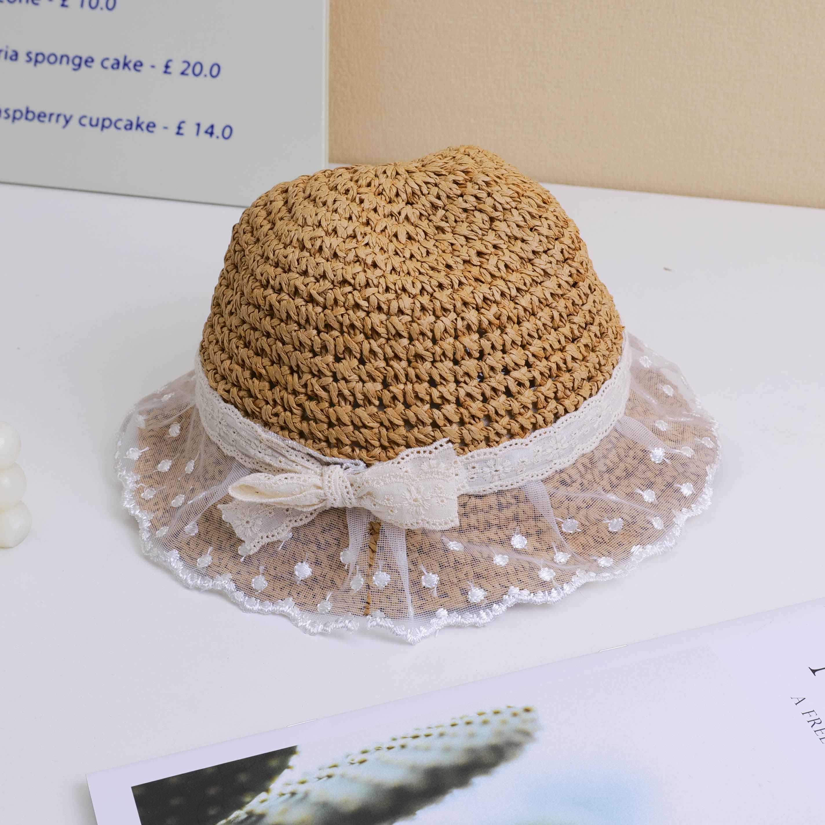 Lace Trim Children's Straw Hat - Khaki