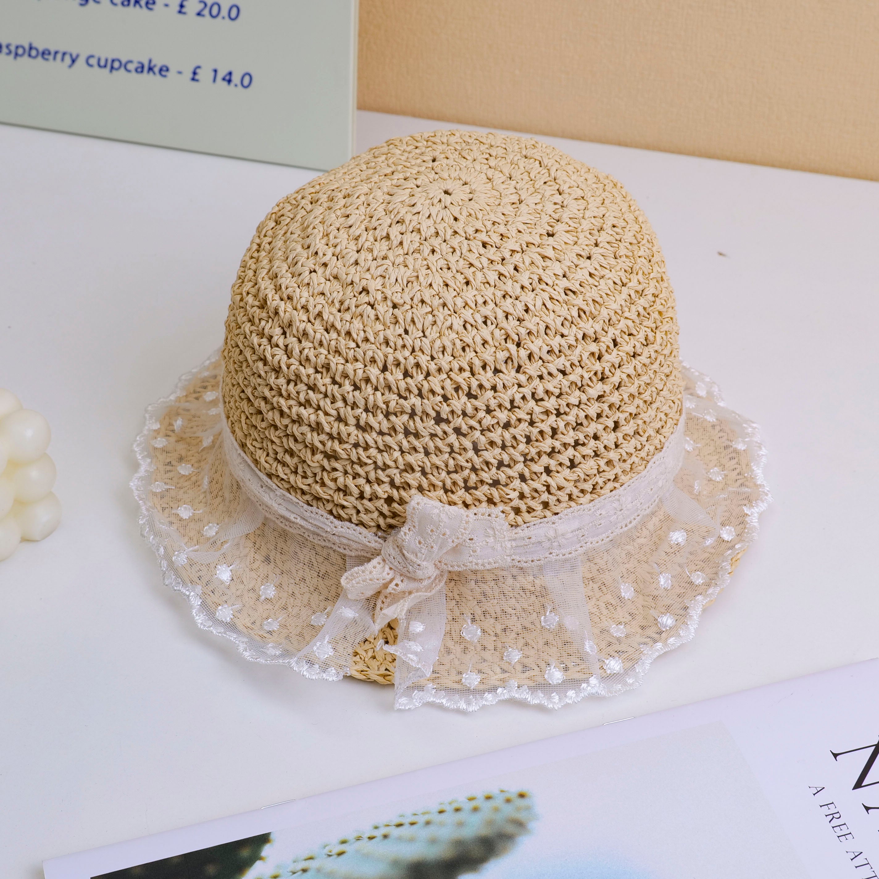 Lace Trim Children's Straw Hat - Beige