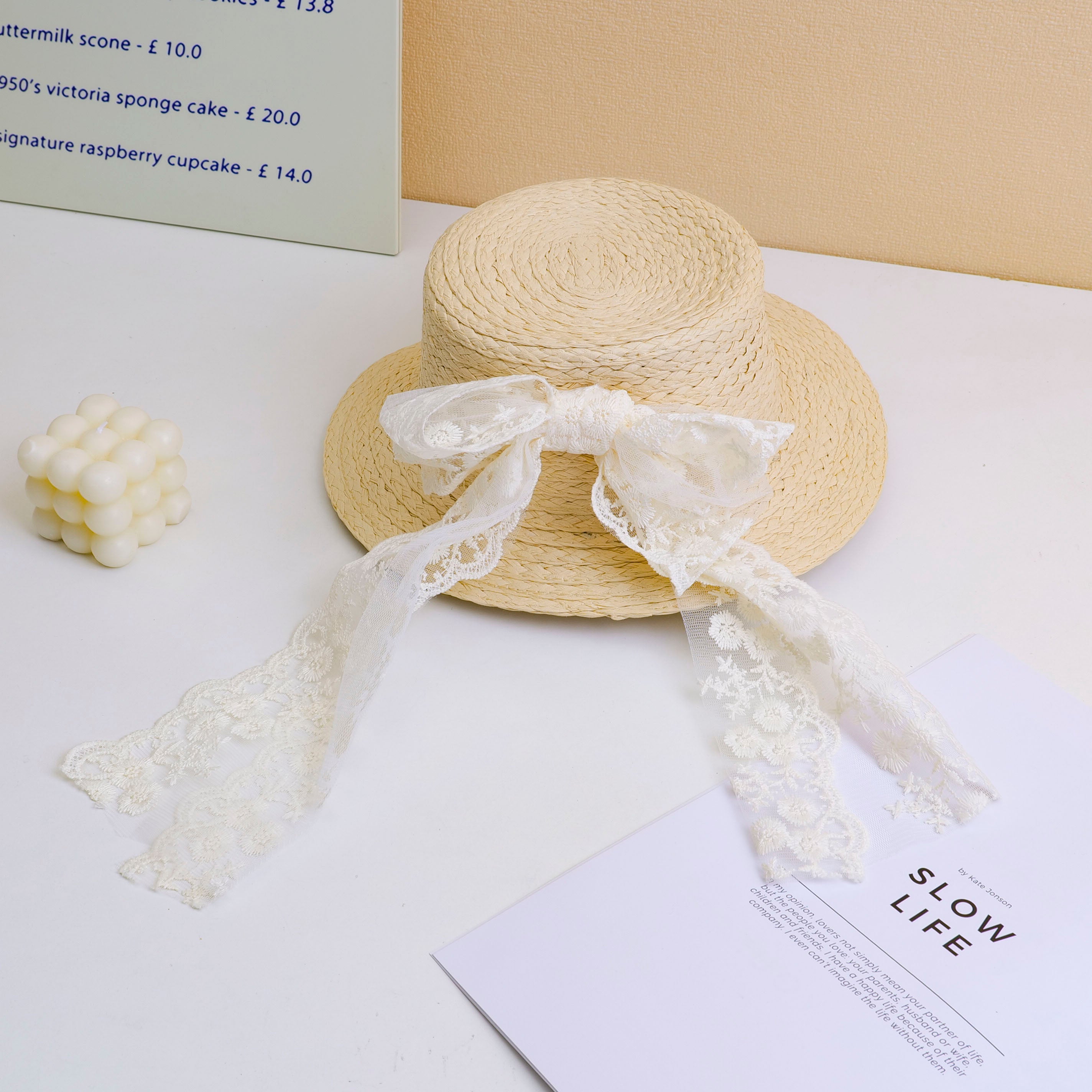 Big Bowknot Ribbon Children's Straw Hat - Beige