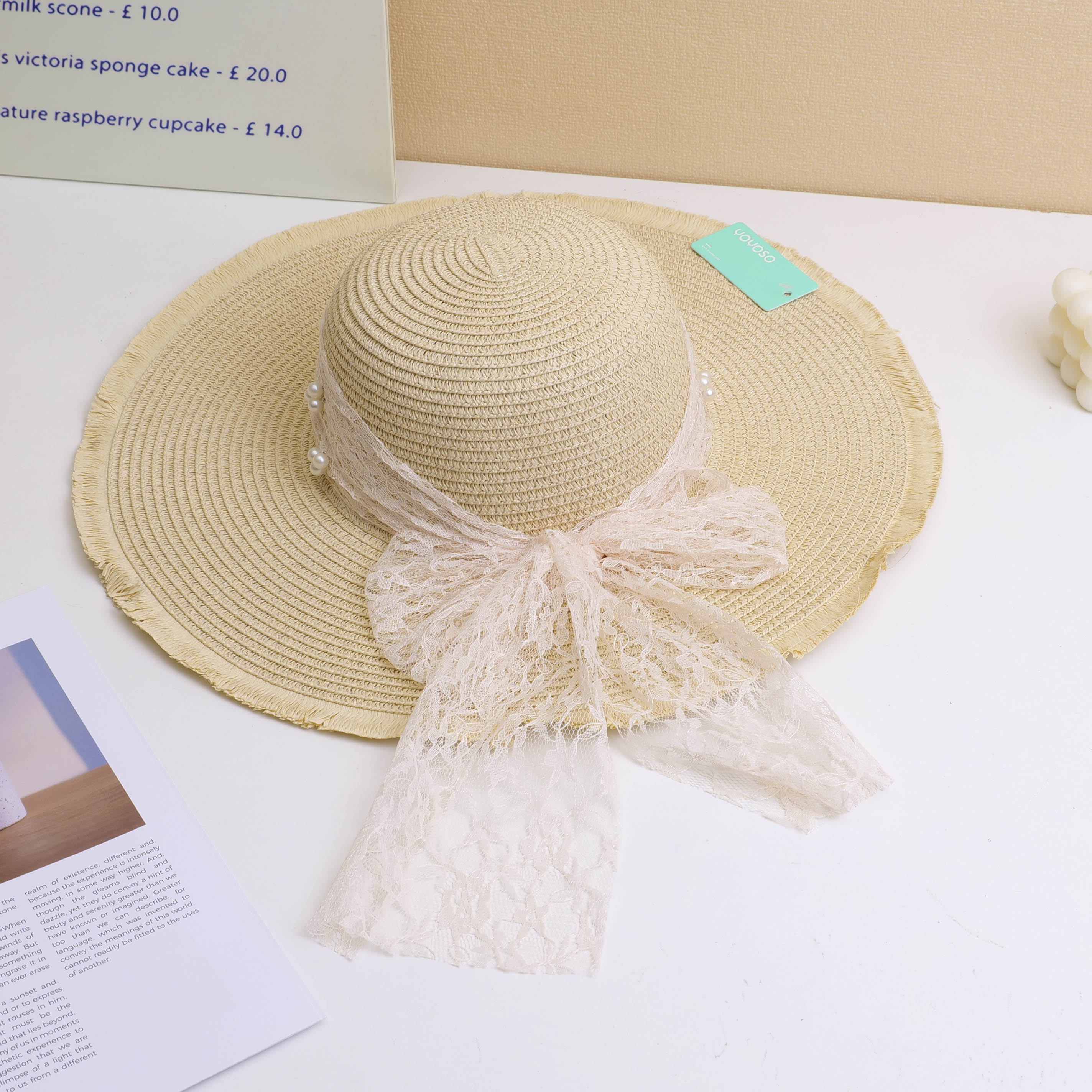 Ultra-big Brim and Tie Adult Straw Hat - Beige