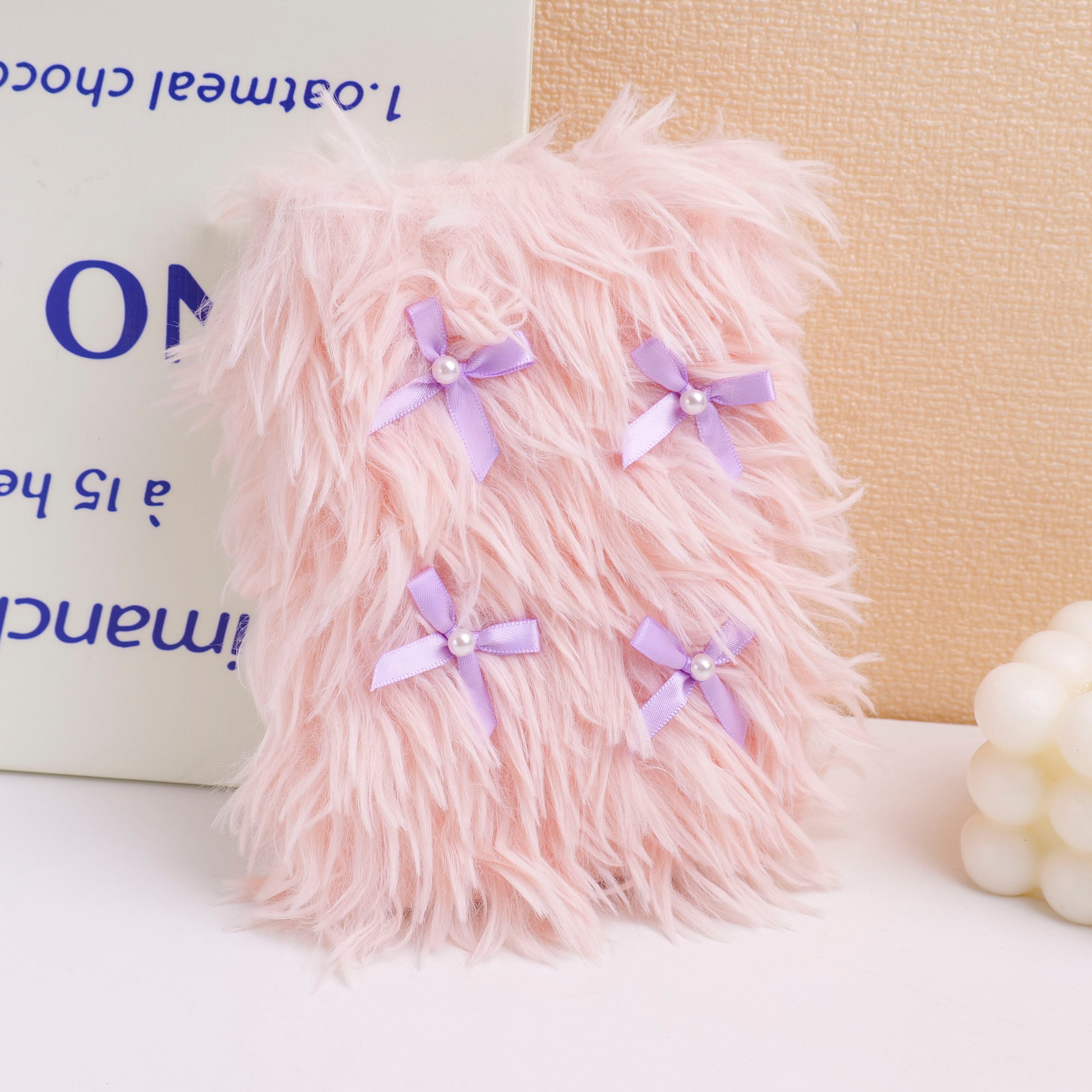 A6 Pink Fluffy Notebook with Bowknot - Lined Inner Pages 80 Sheets