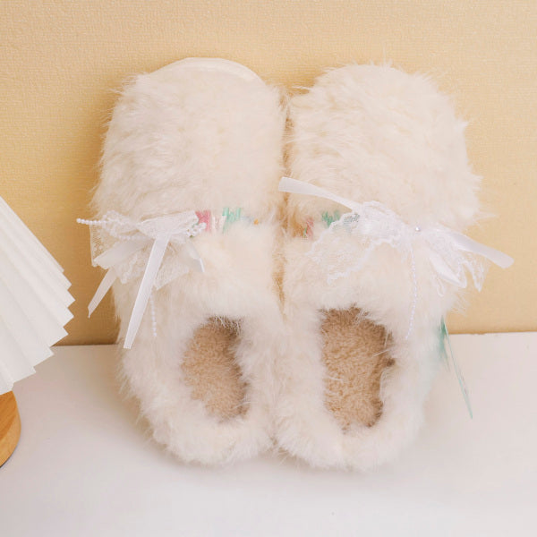 Women's Closed-Toe Slippers with Ribbon Bow White 36–37