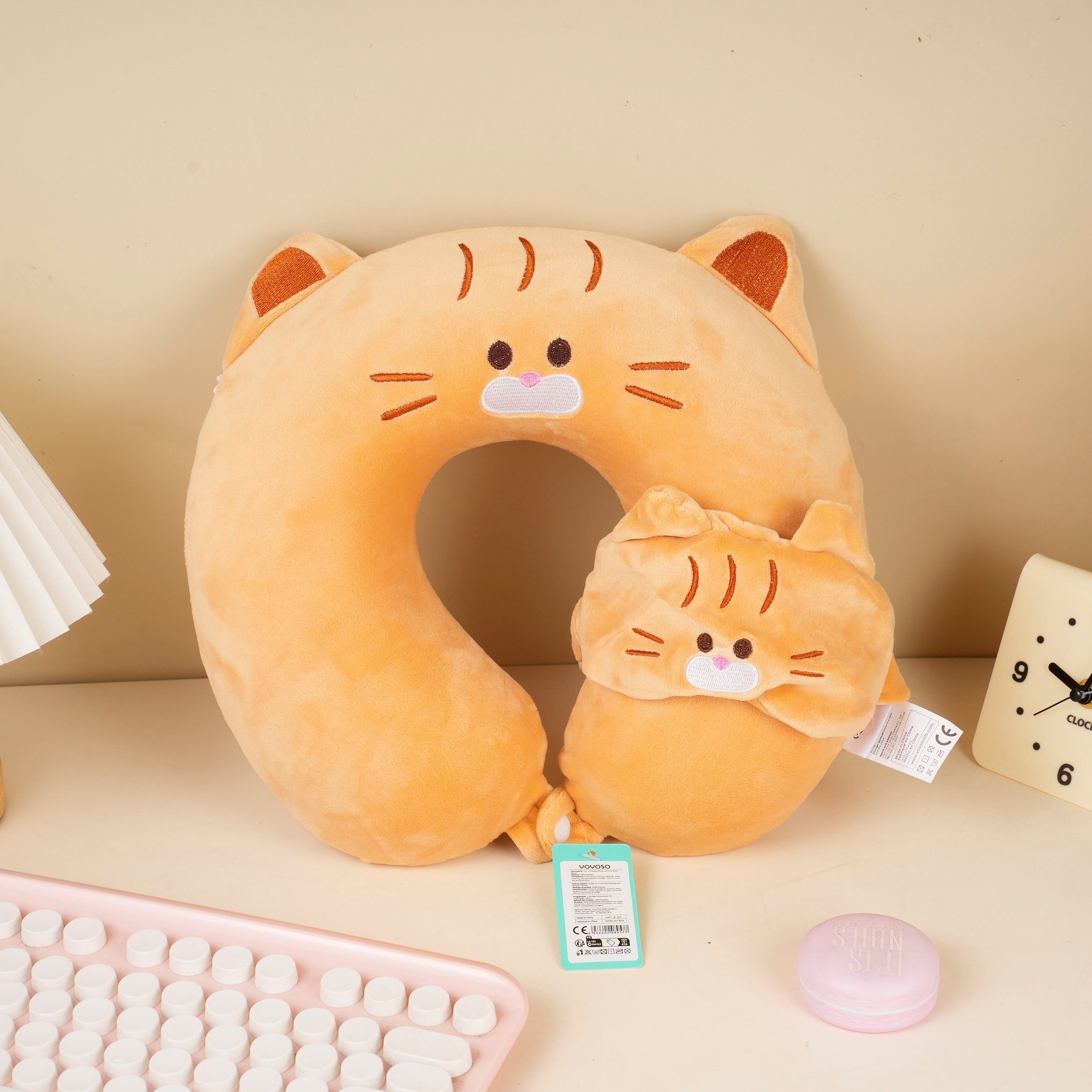 Cat U-Shaped Pillow with Eye Mask – Brown