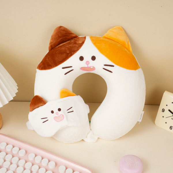 Cat U-Shaped Pillow with Eye Mask – White