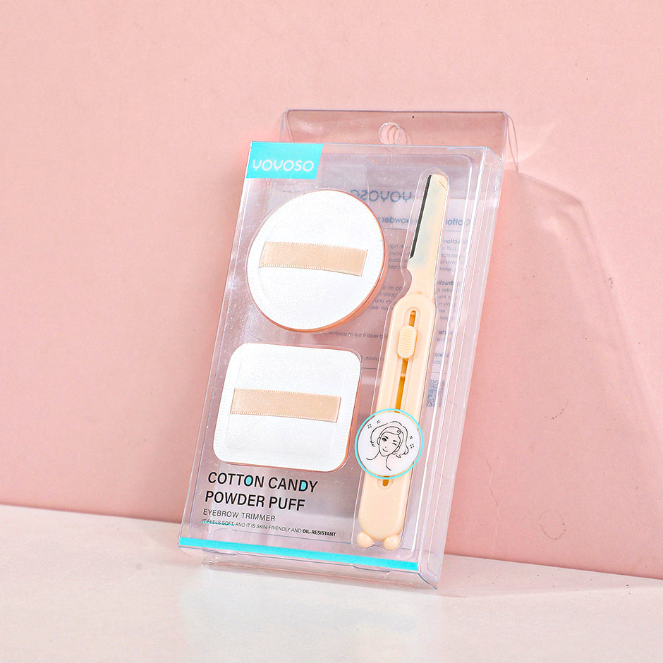 Cotton candy powder puff & eyebrow trimmer