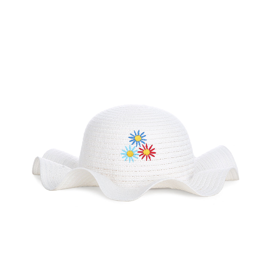 Super light sun flower curly edged children's straw hat-white