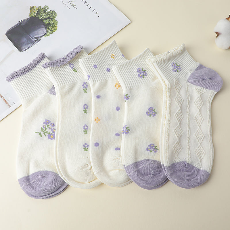 Simple purple flower women's socks-3 pairs