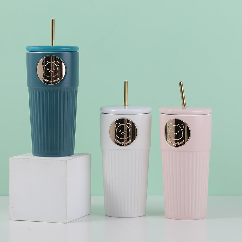 Cute bear striped ceramic cup with straw-540ml
