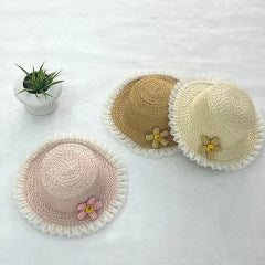 Lace edge flower children's sun hat-beige