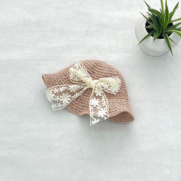 Lace bowknot children's straw hat-pink