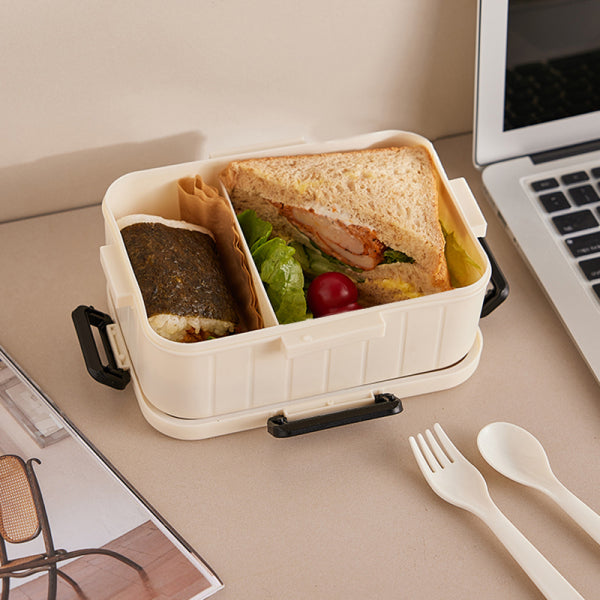 Cream INS style large lunch box with two compartments (including fork and spoon)