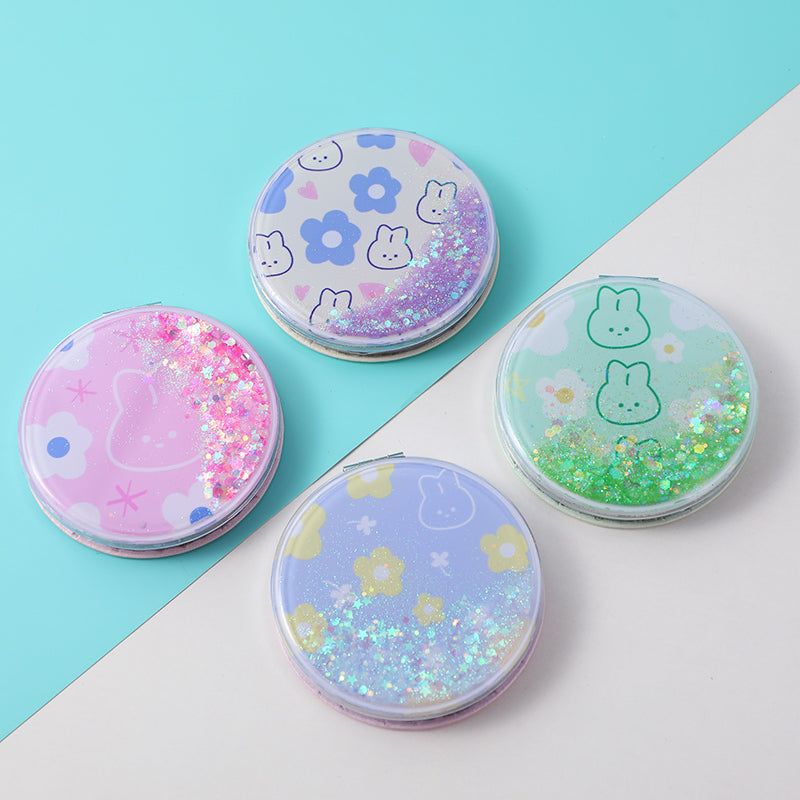 Rabbit and flower round quicksand fashion mirror