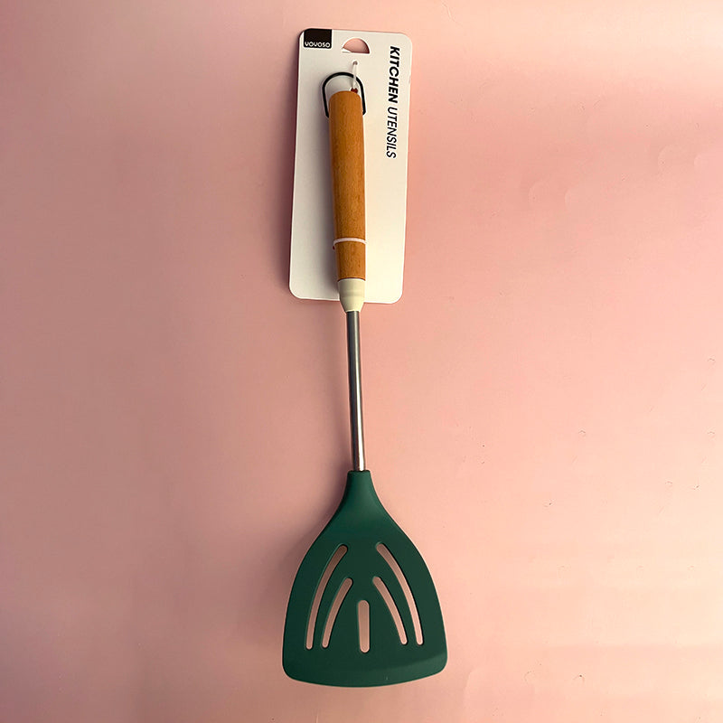 Fashion silicone slotted spatula with wooden handle