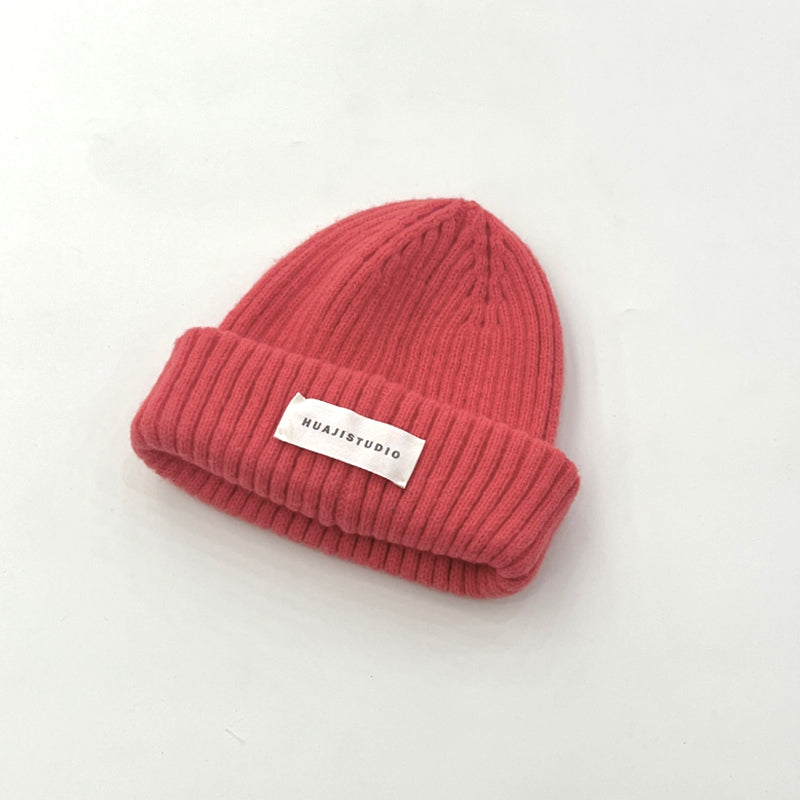 Simple cloth label children's knitted hat-rose red