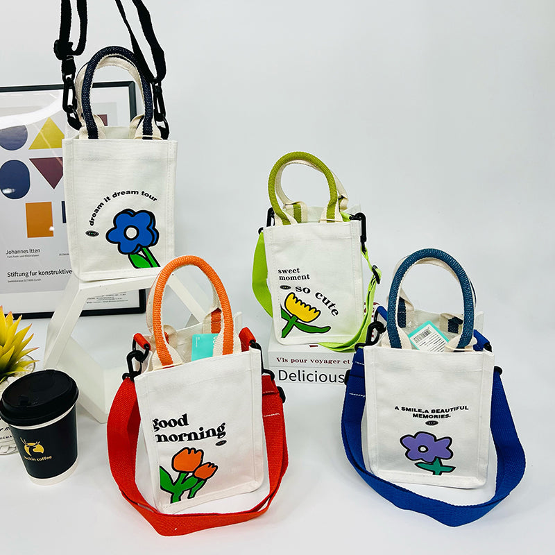 Square canvas crossbody bag / Stick figure flower series coated shopping bag