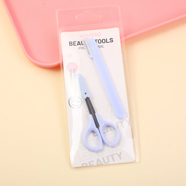 Straight handle eyebrow trimmer and beauty scissors combo set