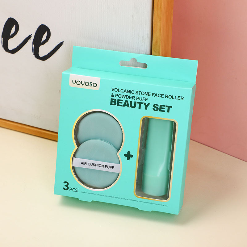 Volcanic stone face roller and powder puff beauty set
