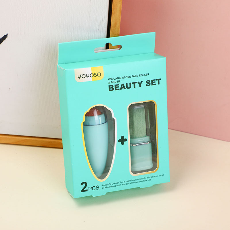 Volcanic stone face roller and brush beauty set