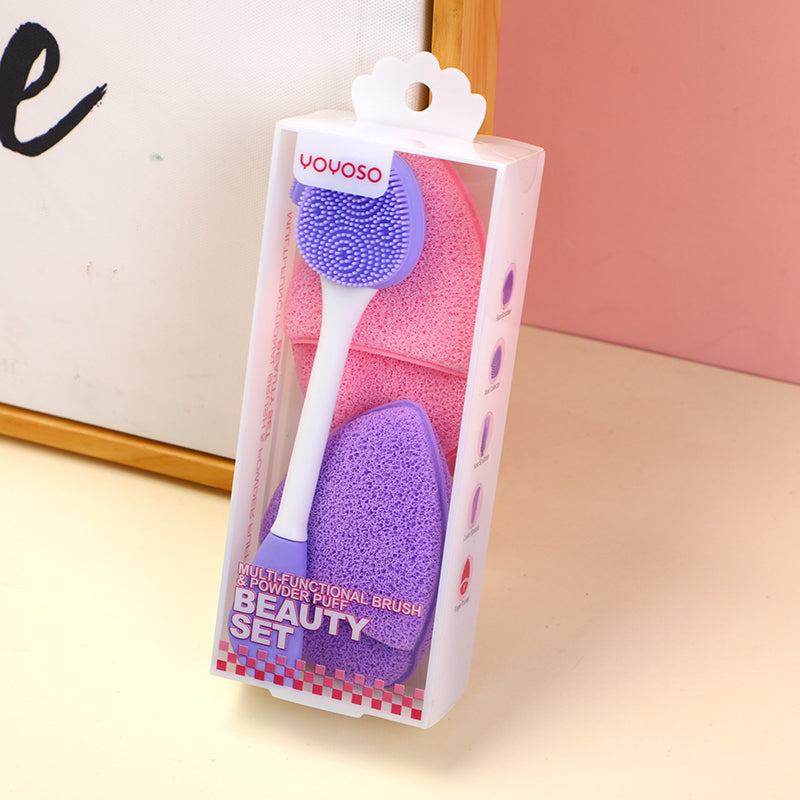 Multi-functional brush and powder puff beauty set