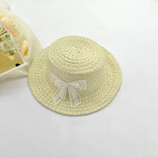 Flat top straw hat for children with lace bowknot-beige