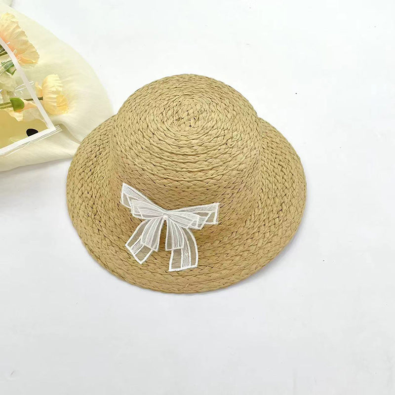 Flat top straw hat for children with lace bowknot-khaki