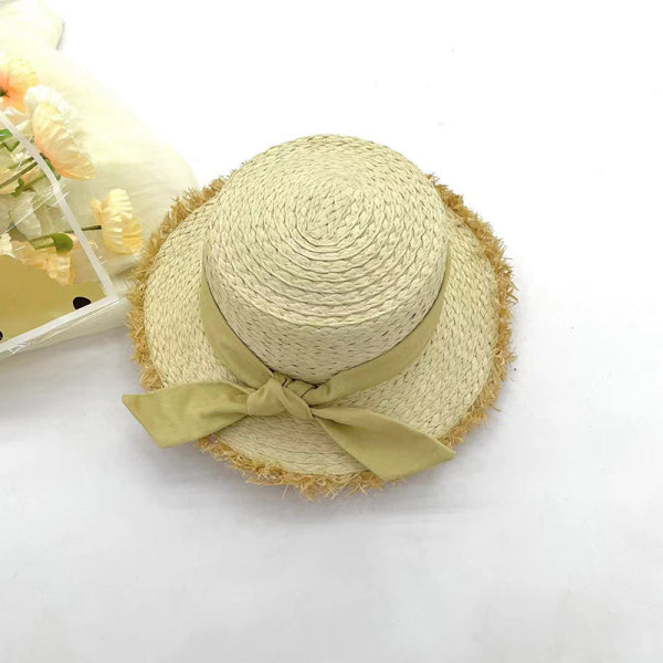 Simple ribbon flat top straw hat for children-beige