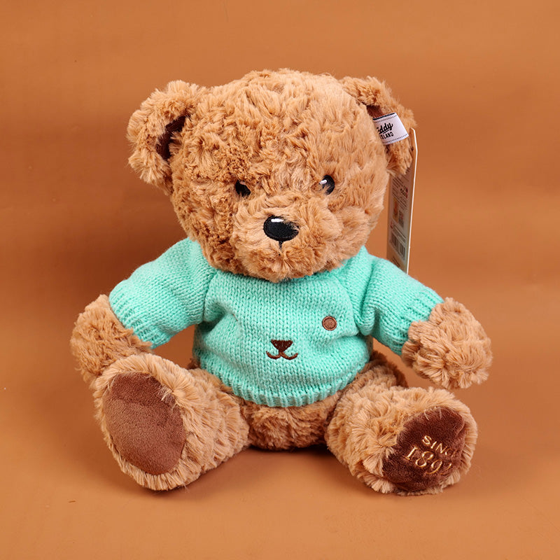 TEDDY ISLAND dark colour sitting bear plush doll with blue sweater-25CM