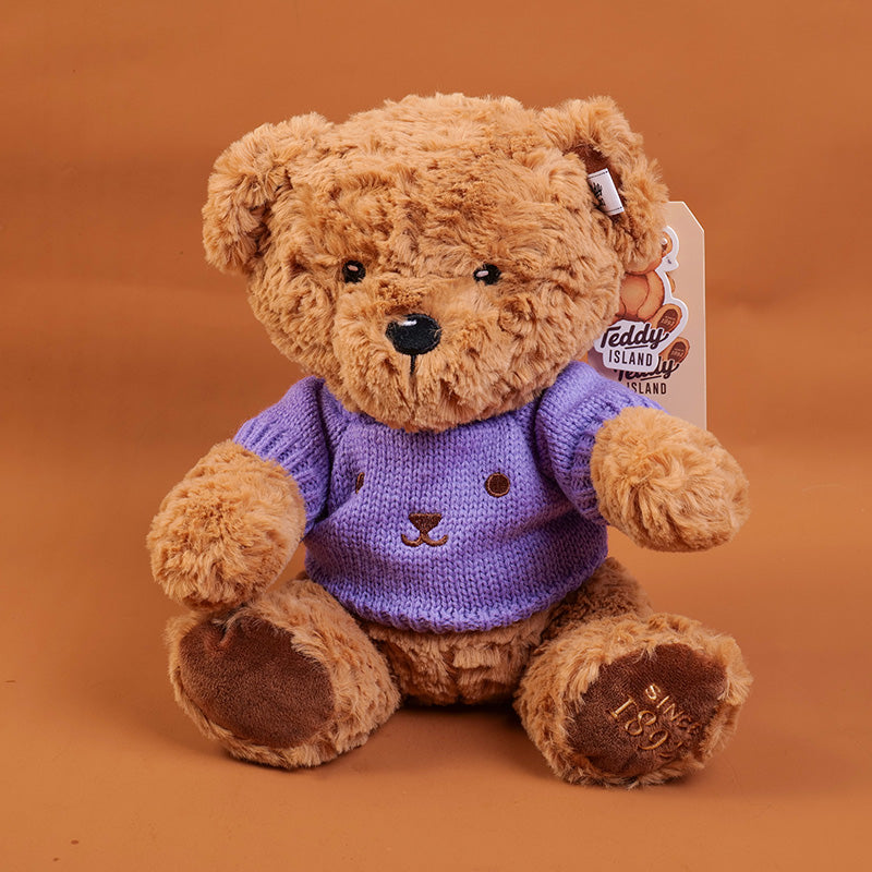 TEDDY ISLAND dark colour sitting bear plush doll with purple sweater-25CM