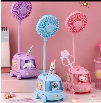 pink & blue and purple handheld fan with standd